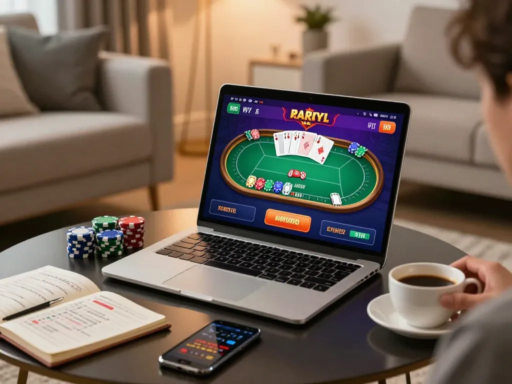 Engaging scene of a player enjoying vu88 online poker from a cozy home setup, showcasing vibrant game interface.