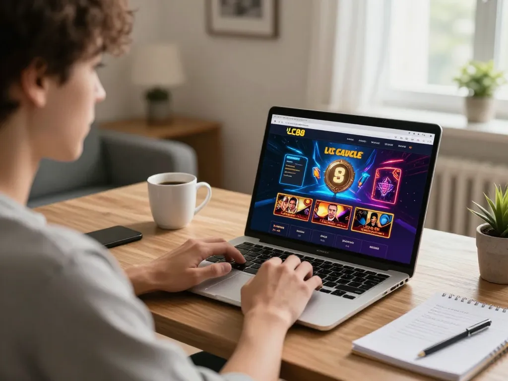 Player engaging in thrilling online gaming at LC88 casino site in cozy home office setup