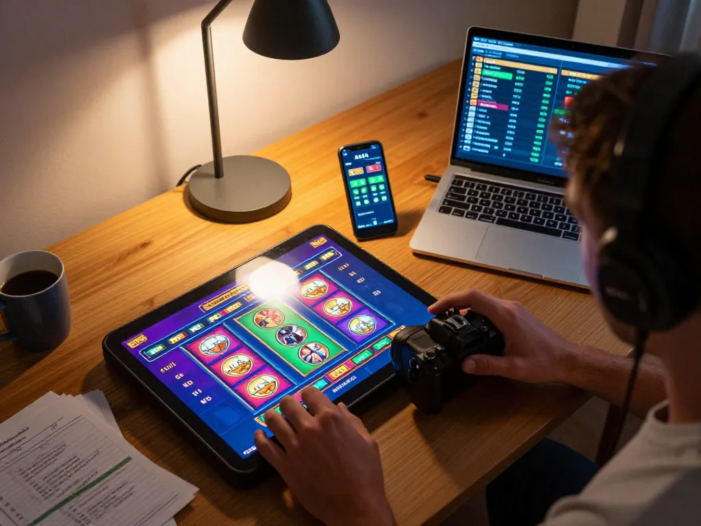 Player engaging with colorful slot machine on screen during online gaming at home with XX 88