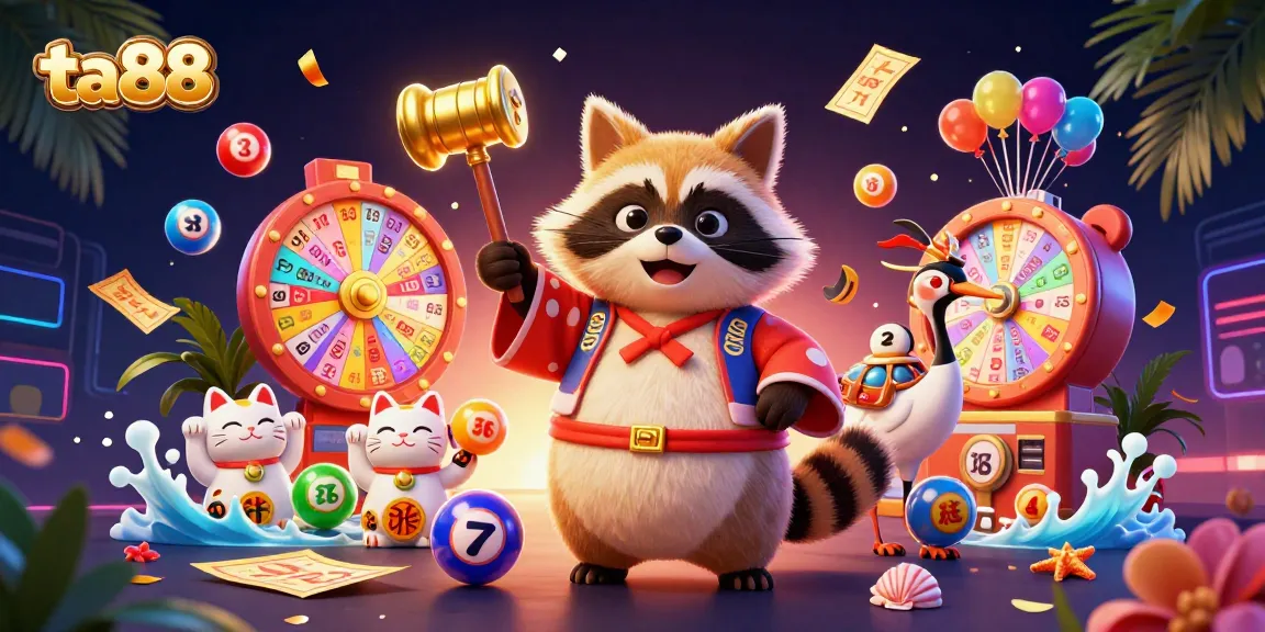 Play and win at ta88 with a vibrant 3D scene showcasing a lucky tanuki, lottery elements, and colorful characters.