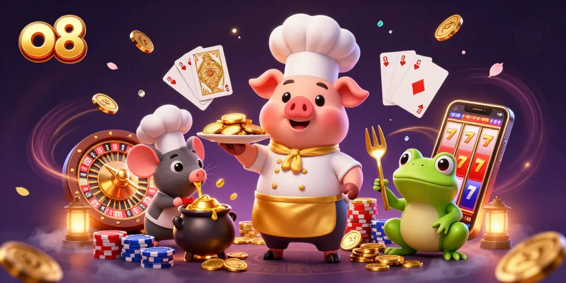 Join the exciting world of o8 online gambling with a chef pig serving gold coins and casino elements.