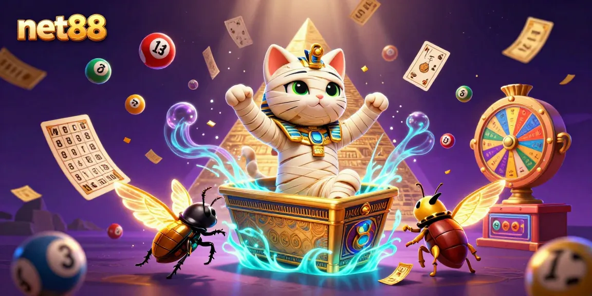 Engage with exciting net88 lottery action featuring a whimsical Egyptian mummy cat and golden elements.