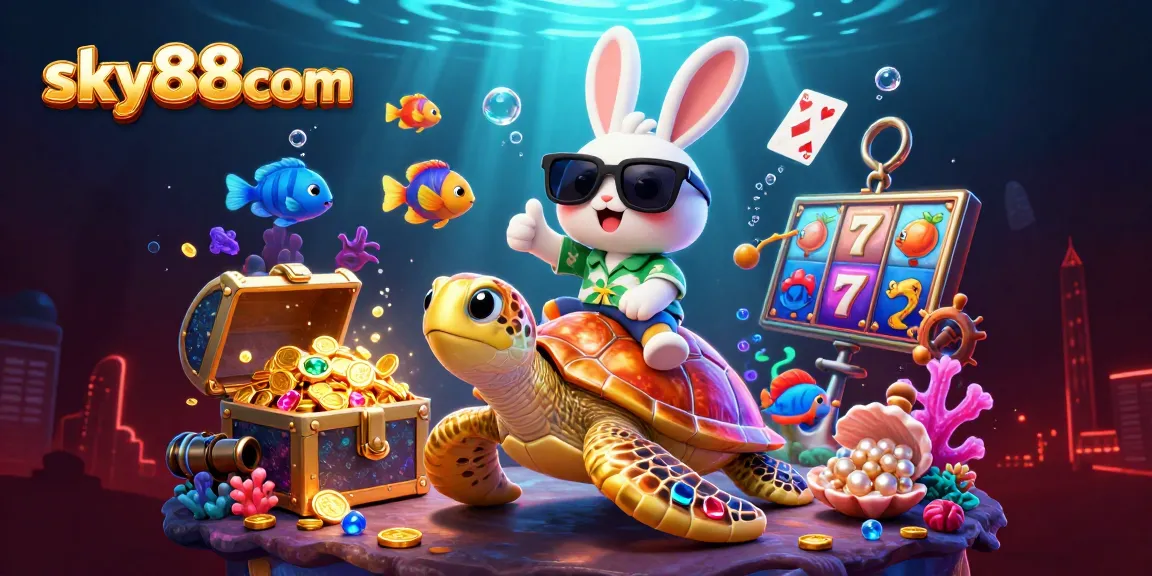Play thrilling slots at sky88com with a lucky rabbit and a golden turtle in a vibrant casino scene.