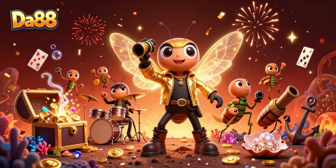 Experience the thrill of Da88 with a vibrant casino scene featuring cartoon characters and treasures.