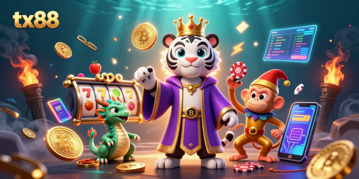 Experience tx88's dynamic gaming world with a vibrant illustration of a tiger, monkey, and dragon in action.