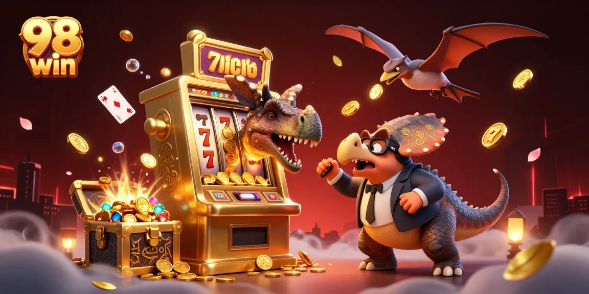 Win big at 98 win as a pachycephalosaurus conquers a golden slot machine in a vibrant casino.