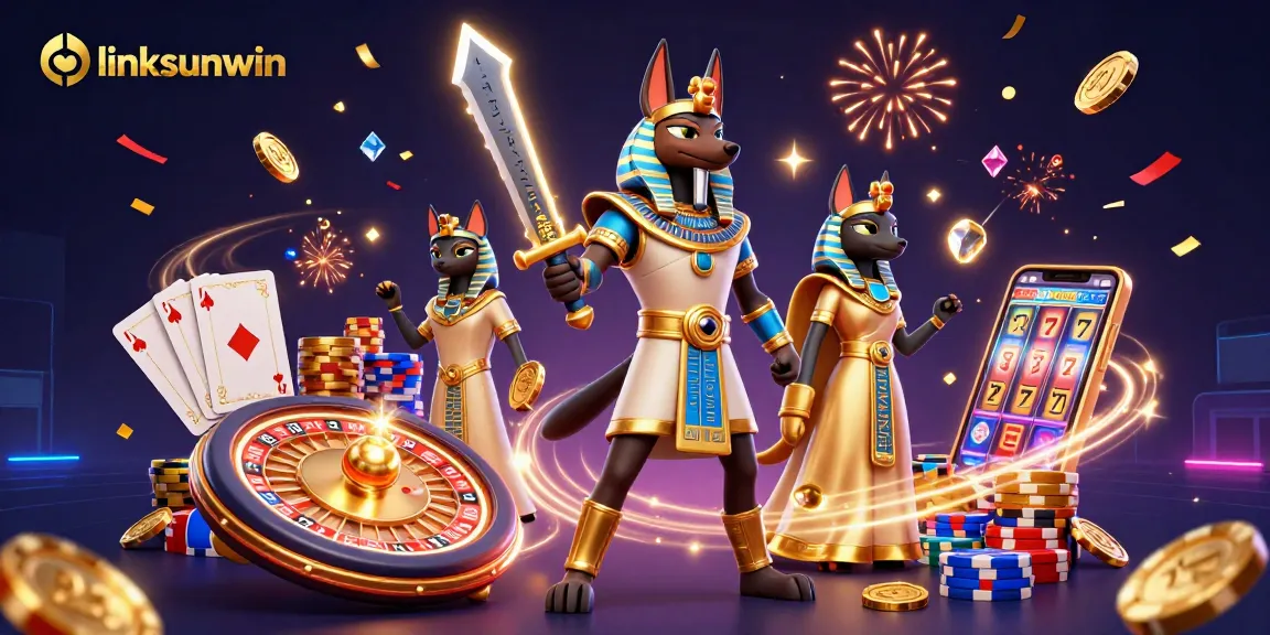 Experience excitement with linksunwin’s vibrant 3D casino illustration showcasing Anubis and sparkling gaming elements.